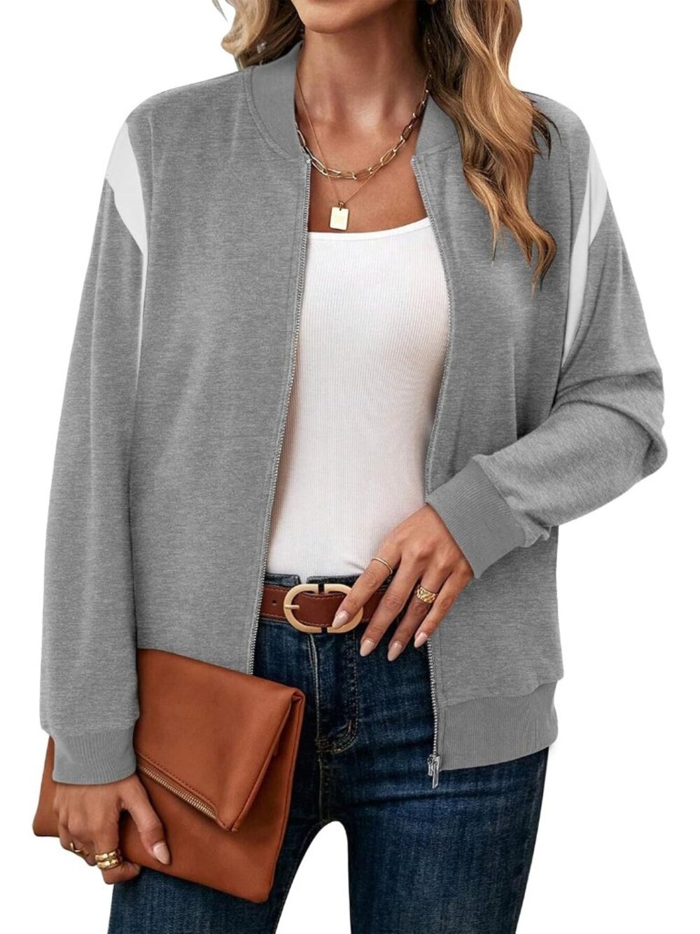 🆕 Women's Gray White Color Block Bomber Jacket Zip Up Casual Lightweight Coat